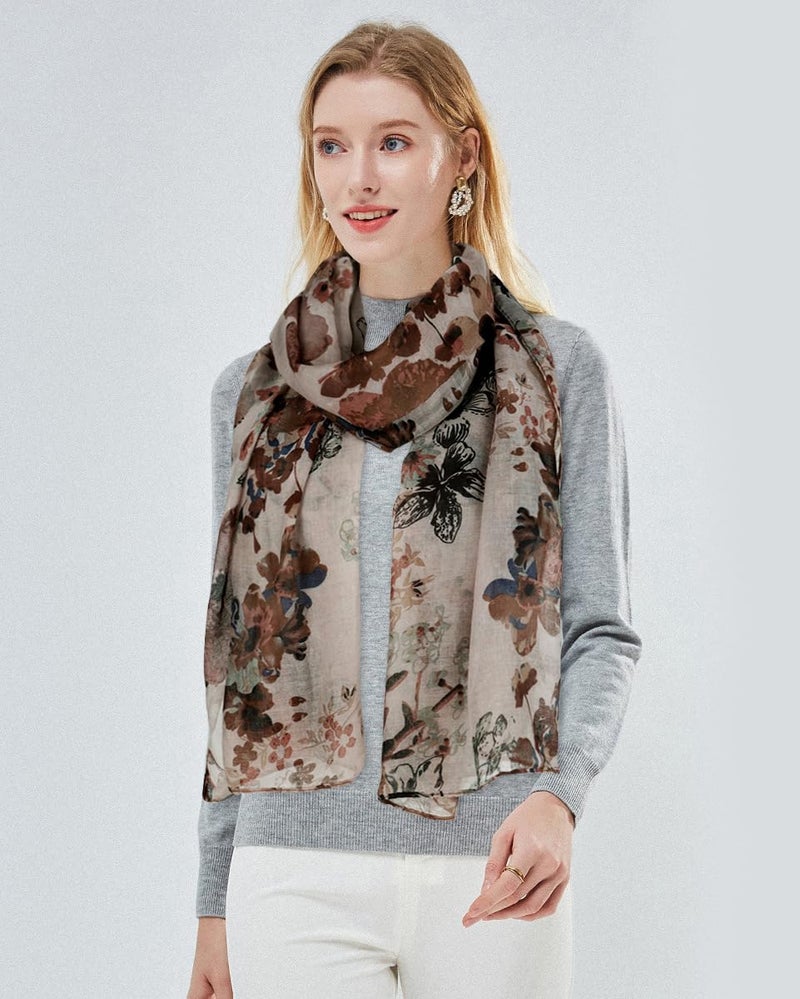 GERINLY Lightweight Scarves Fashion Flowers Print Shawl Wrap for Women Dressy Fall Neck Accessory Pretty Sarong (Brown) - Image 4